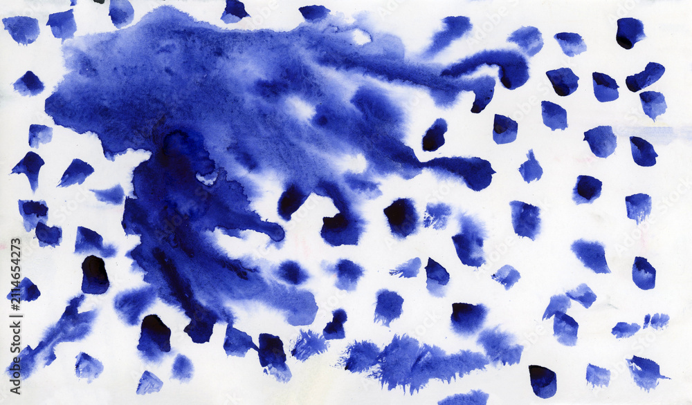 Fototapeta premium Abstract blue watercolor painting with fluid brush strokes and scattered paint splash marks. Texture background for artistic design project, wallpaper, and creative digital decoration.