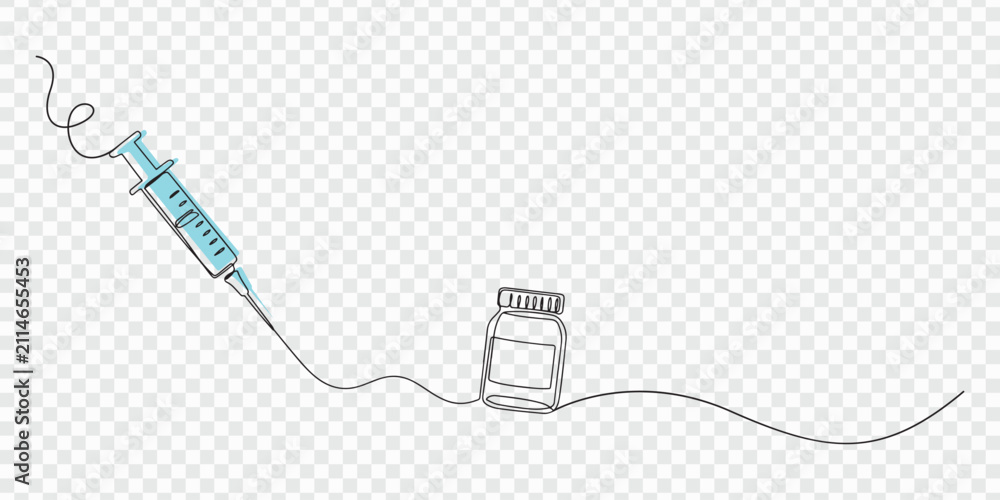 Obraz premium One continuous line drawing of medicine set with syringe and vial. Pharmaceutical components and vaccine symbol in simple linear style. Editable stroke. Doodle contour vector illustration
