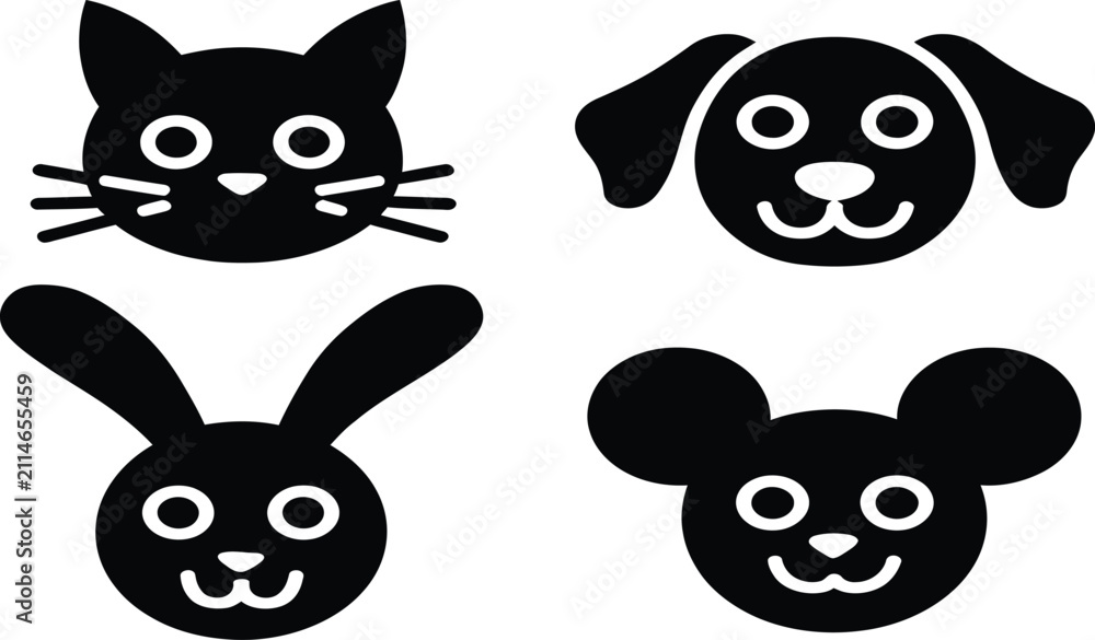 Obraz premium Cute Animal Face Icon Set with Cat Dog Rabbit and Mouse Silhouettes Isolated on White Background