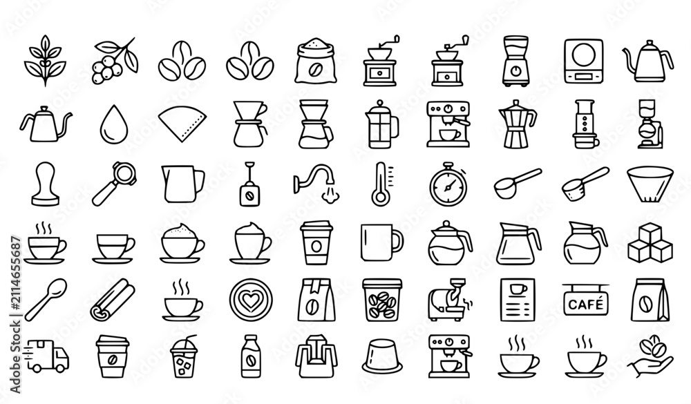 Fototapeta premium Coffee Making Process Line Icon Set with Beans Grinder Brewing and Cup Vector