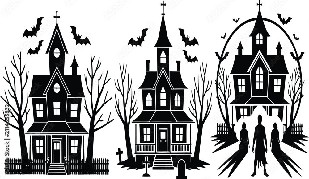 Fototapeta premium Halloween Haunted House Silhouette Collection with Creepy Mansions Bats and Graveyard Isolated on White Background