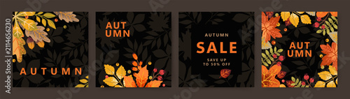 Autumn, Fall, Thanksgiving Day trendy backgrounds with beautiful leaves. Abstract vector templates poster, invitation, card, flyer, cover, banner, placard, brochure, social media, sale, advertising