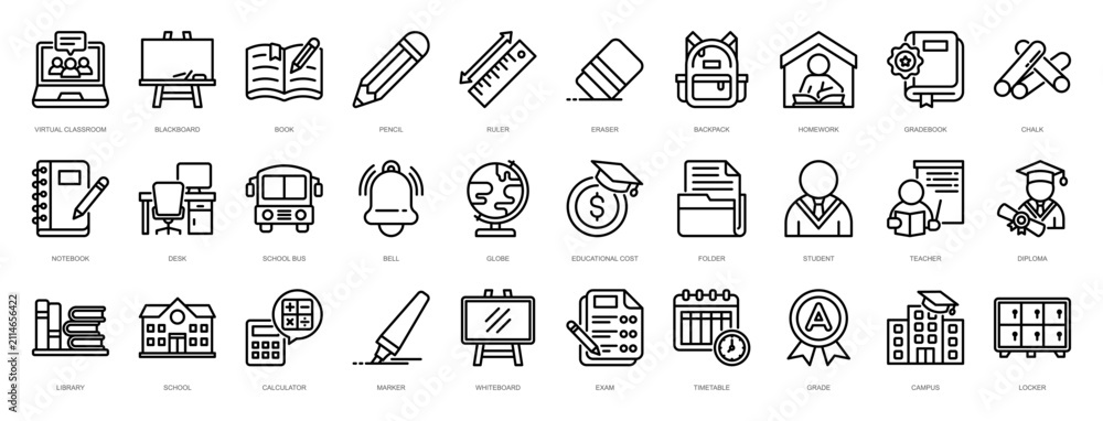 Fototapeta premium School Icon Set Outline Style