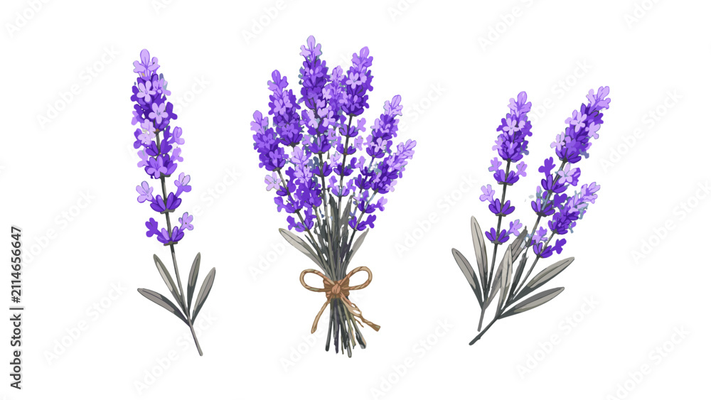 Obraz premium Lavender sprigs and bouquet botanical illustration set