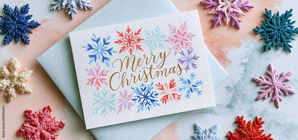 Obraz premium Festive greeting card with elegant handwritten lettering and colorful snowflake illustrations on a pastel background.