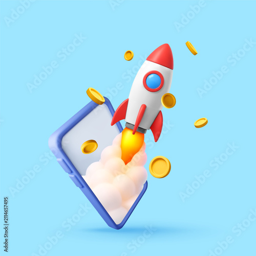 3d rocket launching from smartphone with flying gold coins. Business startup growth concept. Digital mobile money investment and financial success. Online marketing project launch strategy.