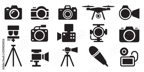 Konstfotografi Diverse set of photography and videography equipment, including various cameras, drones, tripods, and microphones, isolated for versatile use