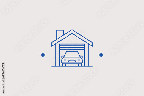 Garage with car line icon for real estate agency. Vector illustration for property garage, parking area, modern house, suburban home.
