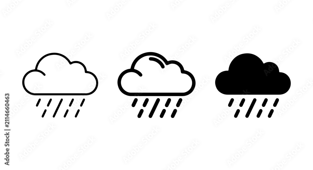 Obraz premium Rain Cloud Icons, Weather Symbols, Set of Three, Simple Line Art, Black and White