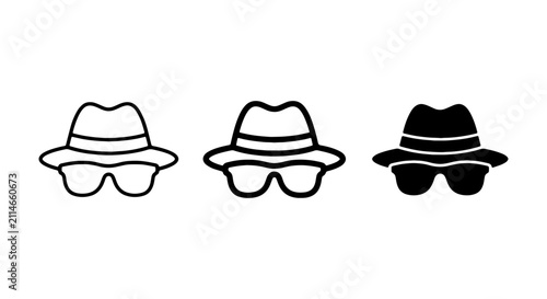 Detective Hat and Sunglasses Icons, Spy Disguise Vector Icons, Secret Agent Style Graphics