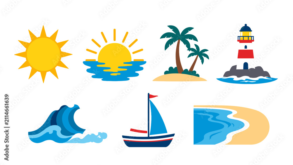Obraz premium Summer beach and ocean travel icon set in flat vector style