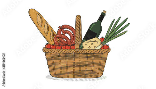 Wicker picnic basket overflowing with delicious food items like baguette, smoked sausage, cheese, and wine.
