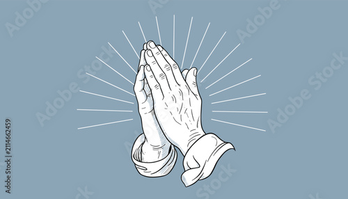 Detailed black and white sketch of praying hands with soft rays of light, representing faith and spirituality.