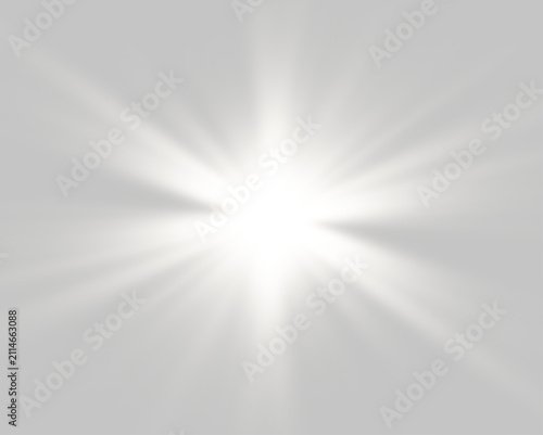 Bright white lens flare with radiant beams and soft glow. PNG light effect on transparent background. Abstract sunlight sparkle.