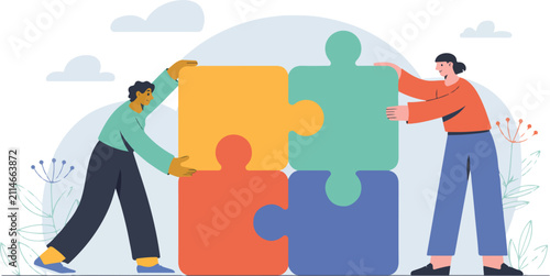 Professional coworkers collaborating on a colorful puzzle vector illustration demonstrating teamwork and strategic problem solving in a modern business environment setting