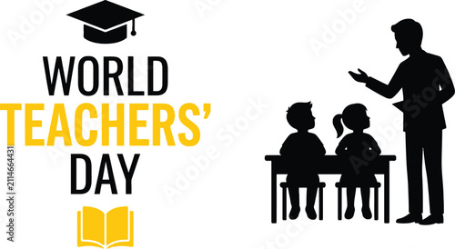 Teacher And Students Silhouette With Graduation Cap And Open Book