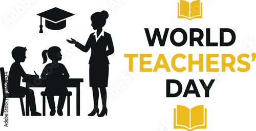 Teacher And Students Silhouette With Books World Teachers Day Graphic