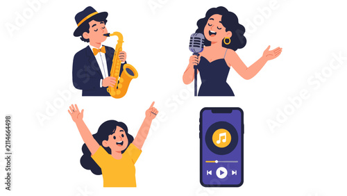 Flat vector set of singer, saxophonist, dancer and music player