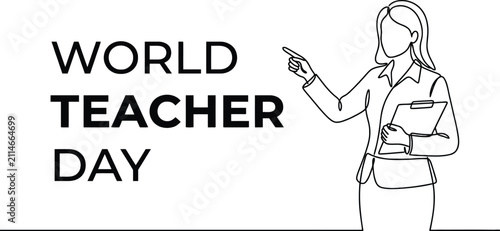 Line drawing of a female teacher with a clipboard white background
