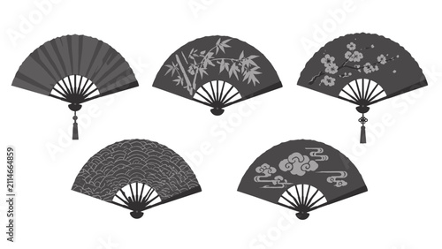Set of five decorative folding hand fans in grayscale vector style