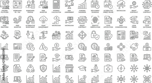 A collection of various business and finance related icons and symbols on a white background