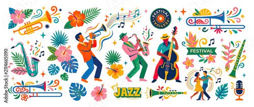 Canvas Print Vibrant Jazz Band with Tropical Elements and Dancing Couple