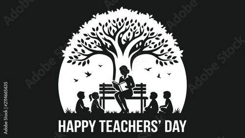 Tree Silhouette With Students And Teacher Black And White Vector Illustration
