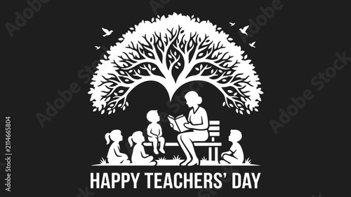 Tree shaped silhouette with teacher and students white on black background