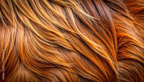 Close Up Realistic Red Highland Cow Fur Texture Natural Long Brown Hair Background Pattern