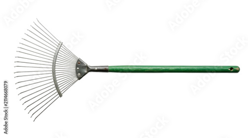 Steel lawn rake with wooden handle on a transparent background PNG image