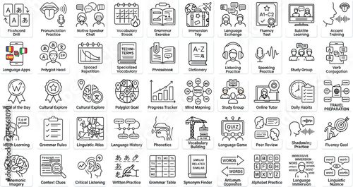 A comprehensive collection of educational icons for language learning and classroom resources