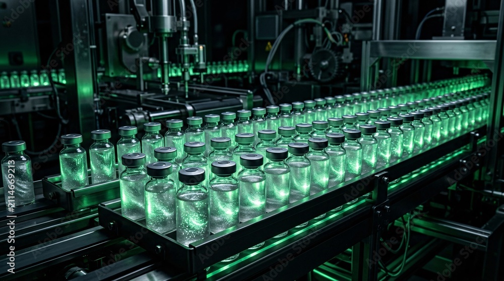Fototapeta premium Rows of medical vials filled with shimmering silver liquid are illuminated by bioluminescent green light in a dark automated facility room.