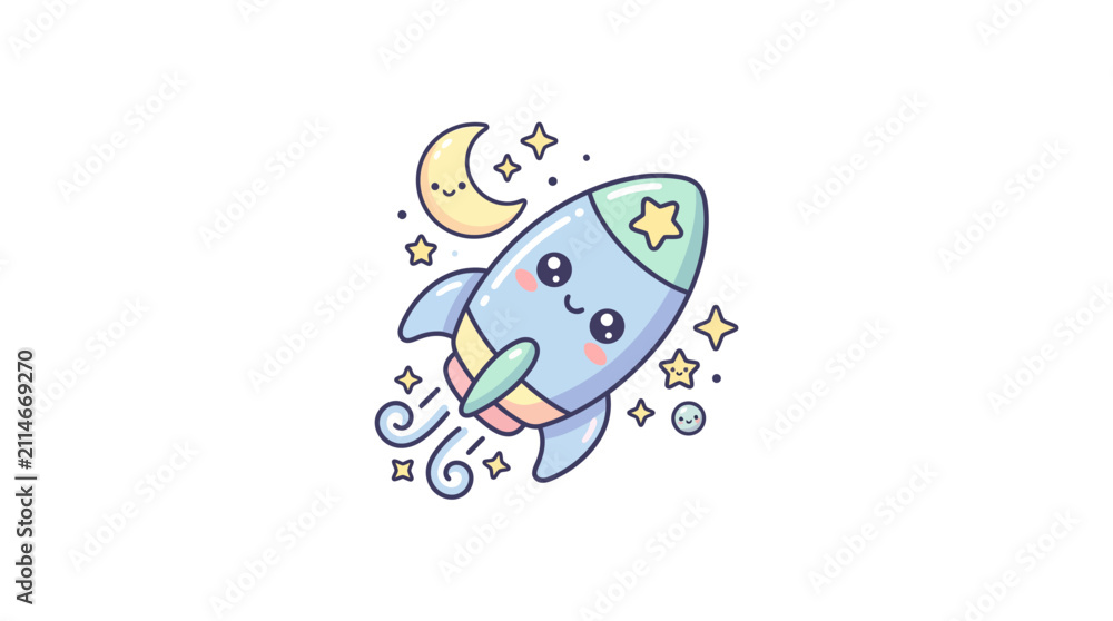 Fototapeta premium Kawaii space rocket ship mascot flying through moon and stars.