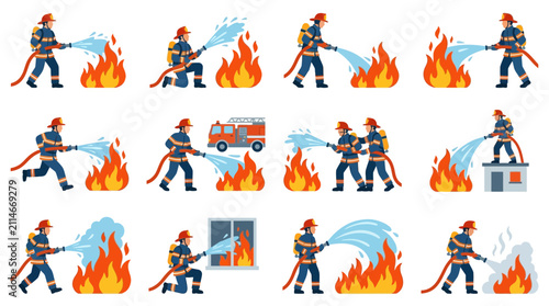Obraz na plátně Firefighters bravely extinguishing a raging fire with water from a hose