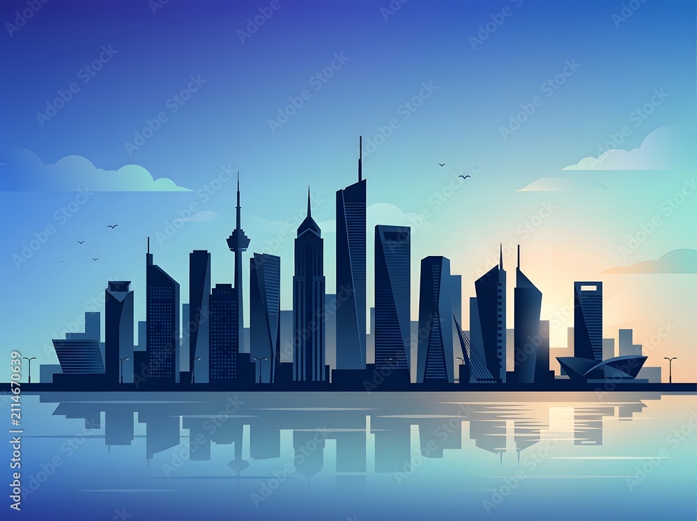 Fototapeta premium Modern city skyline silhouette at sunset with water reflection