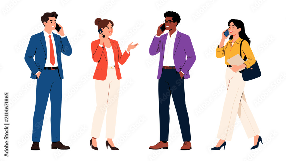Obraz premium Business people talking on smartphones in flat vector style