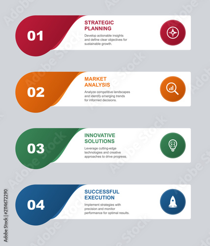 Four step business process infographic featuring colorful rounded rectangular banners with numerical icons