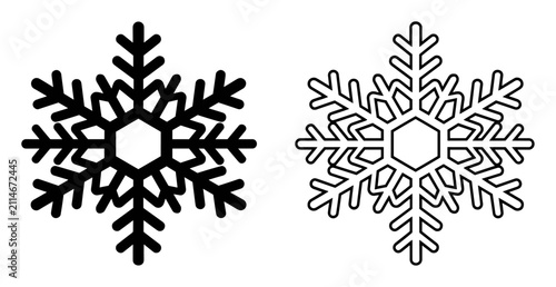 Black and white snowflake icons with hexagonal center and symmetrical branches on transparent background