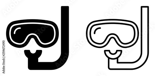 Canvastavla Set of scuba diving masks with snorkels in black and outline style icons on tran