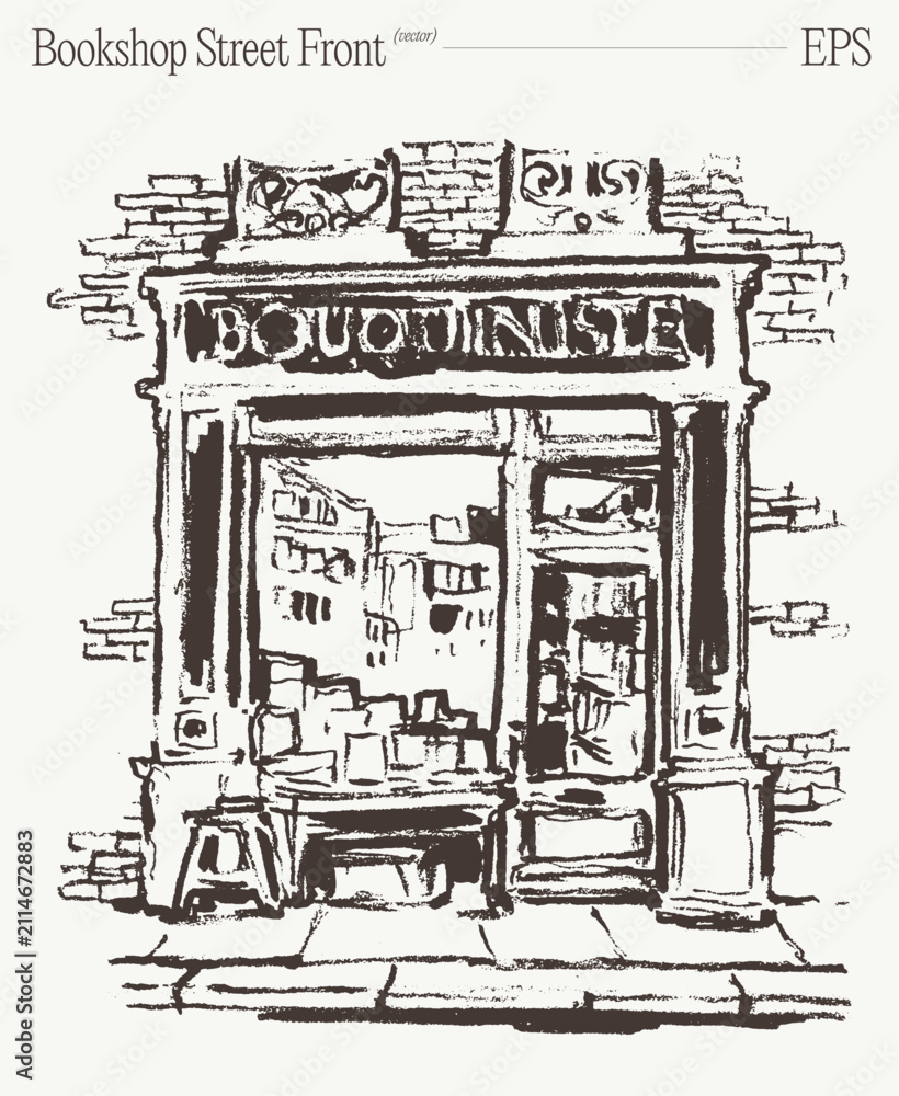 Fototapeta premium Old Bookshop Street Front Exterior, Hand Drawn Sketch Illustration