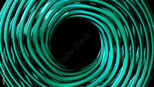 Abstract 3D render of green metallic torus rings forming a spiral tunnel, futuristic glossy tube wave structure, dark geometric technology artwork.