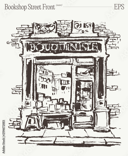 Old Bookshop Street Front Exterior, Hand Drawn Sketch Illustration