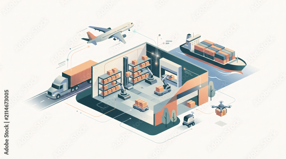 Obraz premium Isometric vector illustration of smart automated warehouse with robotic arms autonomous delivery vehicles cargo plane freight ship and truck for industry 4.0 logistics.