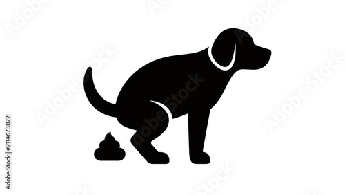 Black silhouette of a dog defecating on white background