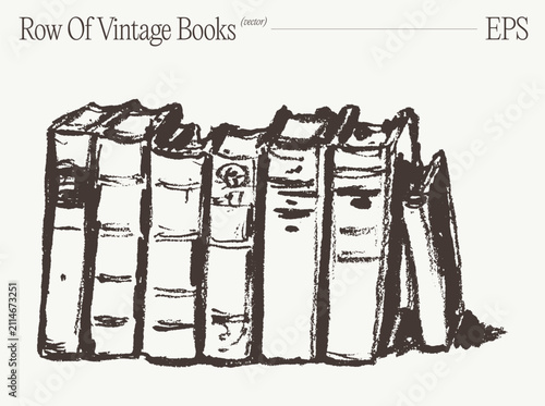 Row Of Standing Vintage Books, Hand Drawn Sketch Illustration
