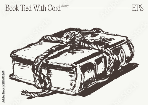Single Vintage Book Tied With Rough Cord, Hand Drawn Sketch Illustration