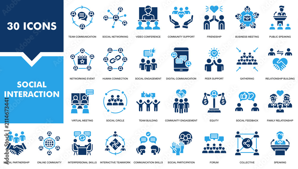 Naklejka premium Social Interaction Icon Set Collection. Containing Team Communication, Social Networking, Human Connection, Community Engagement and more. Fill vector illustration