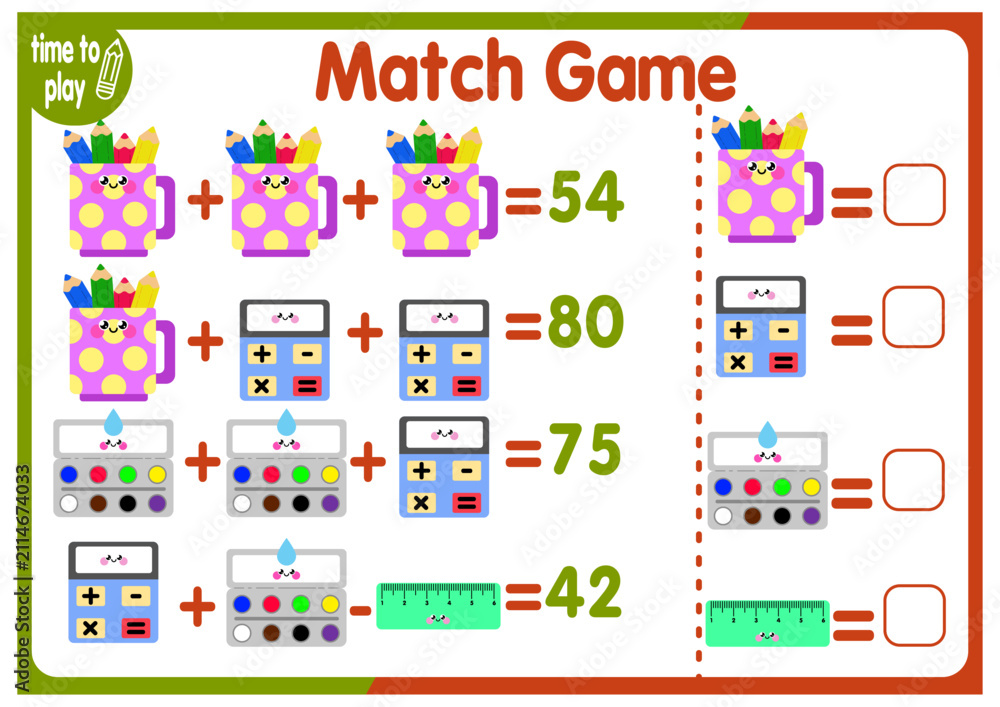 Fototapeta premium Math game for children. Educational puzzle for school-age kids. Counting exercise for learning algebra basics. Cartoon-style stationery: pencil holder, calculator, paint, ruler. Vector worksheet.