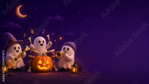 Cute ghosts play music under a crescent moon. They strum guitars, blow horns, and giggle joyfully. Lanterns glow beside a smiling jack-o'-lantern. Night sky sparkles with stars and soft clouds