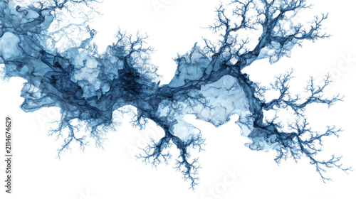 Abstract blue ink diffusion in water forming branching tree like patterns and organic flowing texture design on white background